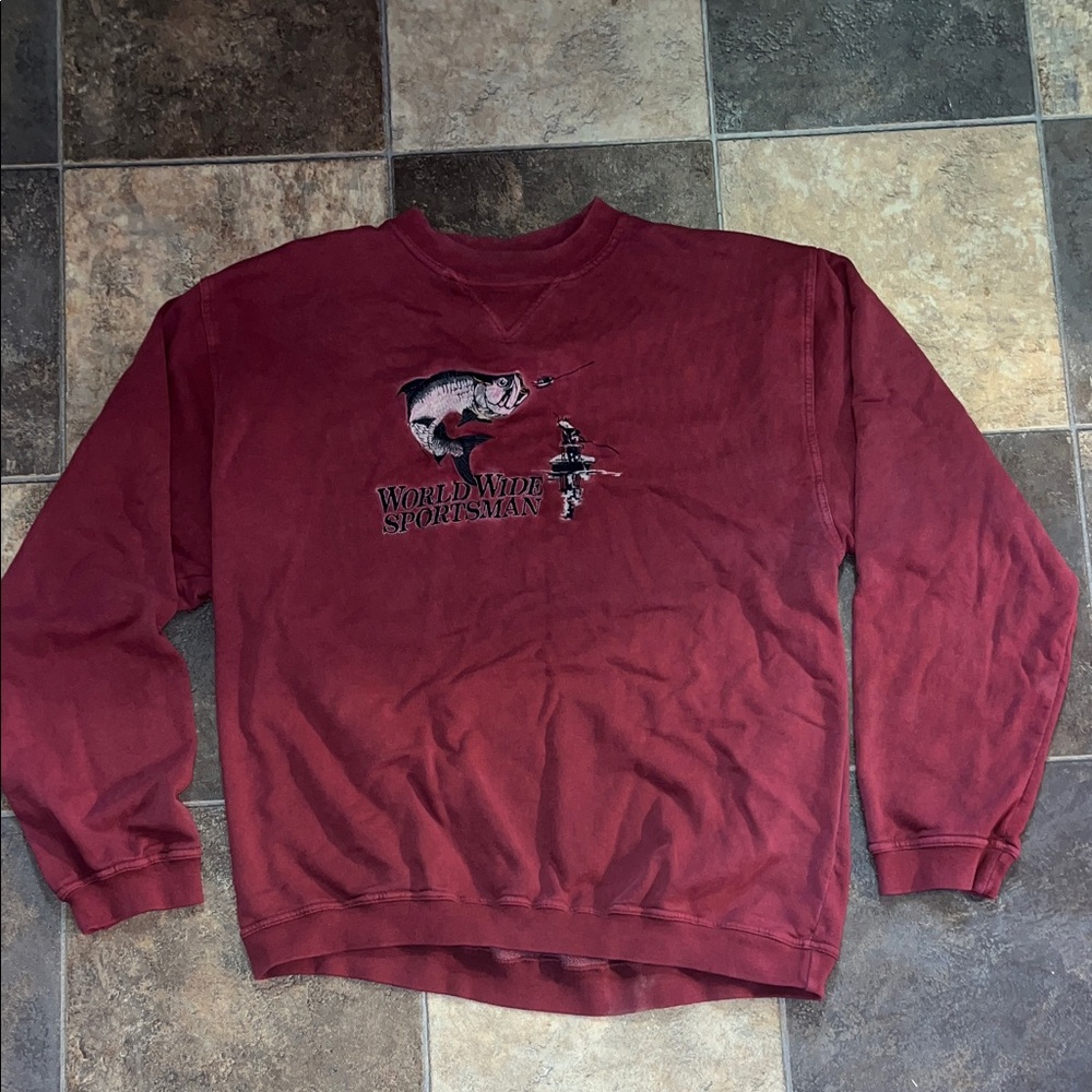 Vintage Maroon Crewneck Sweatshirt with Fishing Graphic